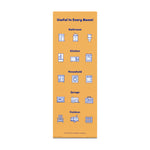 Tall side of packaging showing icons for rooms and uses labeled 'Useful In Every Room!' on orange background.