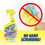 Product image of Scrub Free spray bottle beside crossed-out gloved hand wiping tile and 'NO HARD SCRUBBING!' text