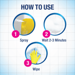 Instructional graphic showing three steps: spray, wait 2–3 minutes, then wipe, with tile background