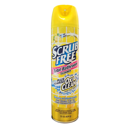 Tall yellow aerosol can of Scrub Free Total Bathroom cleaner with OxiClean branding and lemon imagery