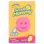 Yellow retail box for Scrub Mommy with logo, pink smiling sponge illustration and '4 Pack' callout