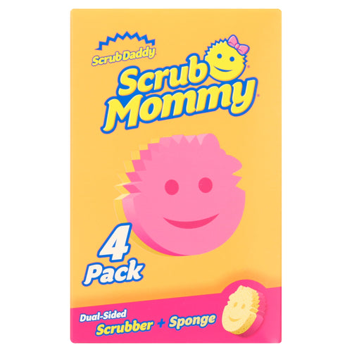 Yellow retail box for Scrub Mommy with logo, pink smiling sponge illustration and '4 Pack' callout