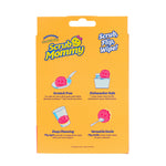 Back of Scrub Mommy packaging with illustrated icons and usage tips on orange background