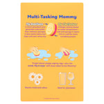 Yellow product back panel titled 'Multi-Tasking Mommy' with feature icons and small illustrations