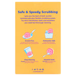 Yellow product box back panel titled 'Safe & Speedy Scrubbing' with icons and usage text
