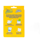 Back of a yellow Scrub Mommy box showing illustrated icons and product feature text about scratch-free, dishwasher-safe and cleaning uses.