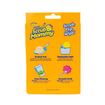 Back of an orange Scrub Mommy product box showing icons and text callouts like Scratch Free and Dishwasher Safe
