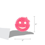 Graphic showing a pink Scrub Mommy sponge on a stylized hand with 4" width and height measurements