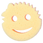 Single yellow Scrub Mommy sponge showing smiling face cutouts and jagged hair edge