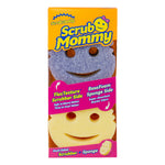 Front-facing Scrub Mommy retail package showing two smile-face sponges and product callouts on bright orange box.