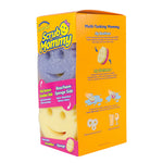 Scrub Mommy box side panel featuring product benefits, illustrations and a partial view of the smile-face sponges inside.