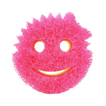 Close-up pink Scrub Mommy smile-face scrubber sponge with textured porous scrubbing surface