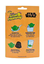 Back of Scrub Mommy Star Wars package showing icons and text describing scratch-free, dishwasher safe, and deep cleaning features