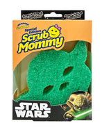 Front-pack photo of Scrub Mommy special edition green Yoda-shaped sponge in Star Wars packaging