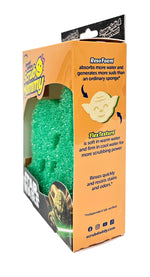 Opposite angled side of Scrub Mommy Star Wars packaging with ResoFoam and FlexTexture feature callouts and visible green Yoda sponge