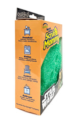Angled side view of Scrub Mommy Star Wars Yoda sponge box showing household and kitchen use icons and partial green sponge
