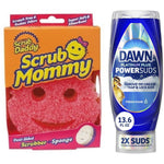 Scrub Daddy Scrub Mommy pink smiley scrub sponge in box next to an upside-down Dawn Platinum Plus PowerSuds bottle