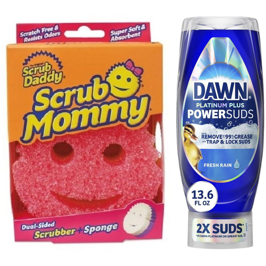 Scrub Daddy Scrub Mommy pink smiley scrub sponge in box next to an upside-down Dawn Platinum Plus PowerSuds bottle
