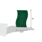 Illustration showing a single green scrub pad on an open hand with dimensions labeled 2.5" width and 4" height
