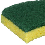 Close detail of the abrasive green scouring layer and yellow foam of a heavy duty scrub sponge