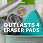 Teal triangular scrubber next to rolled towels with bold text claiming it outlasts eraser pads