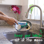 Hands holding a dishwand scrubber while rinsing a dirty frying pan under a kitchen faucet with slogan text overlay