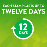 Green graphic panel reading each stamp lasts up to twelve days with a 12-day circular icon