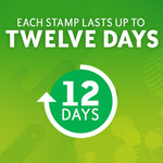 Graphic reading each stamp lasts up to twelve days with a circular 12 days icon on a green gradient background.