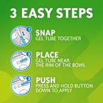 Instructional infographic showing three illustrated steps to snap, place, and push the gel tube for the Scrubbing Bubbles stamp.