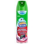 Front of a green Scrubbing Bubbles Bathroom Grime Fighter aerosol can in Berry Burst scent