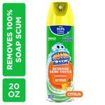 A single Scrubbing Bubbles Bathroom Grime Fighter citrus aerosol can on white background with product callouts