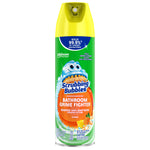 Tall aerosol can of Scrubbing Bubbles Bathroom Grime Fighter in citrus scent with yellow cap and green label