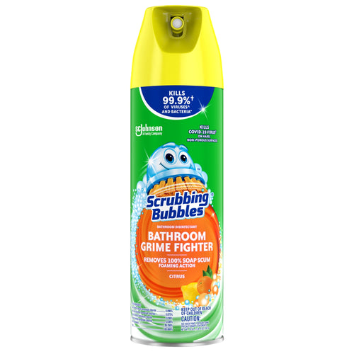 Tall aerosol can of Scrubbing Bubbles Bathroom Grime Fighter in citrus scent with yellow cap and green label