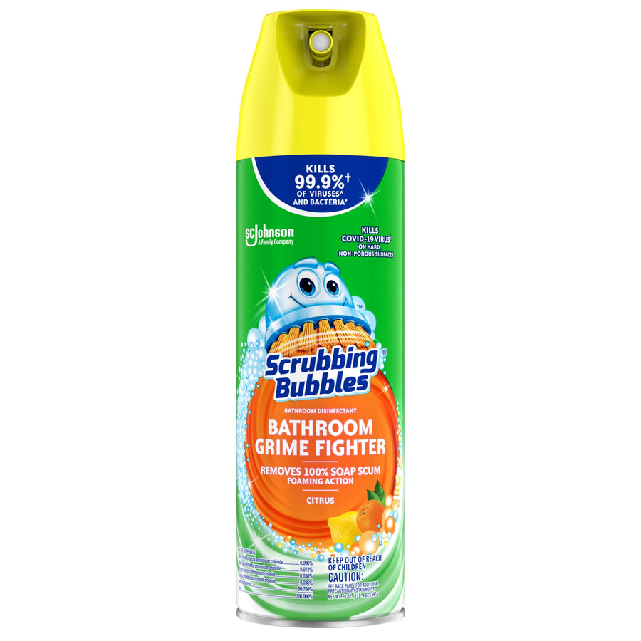Tall aerosol can of Scrubbing Bubbles Bathroom Grime Fighter in citrus scent with yellow cap and green label