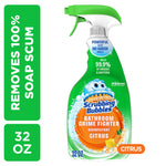 Green Scrubbing Bubbles Bathroom Grime Fighter citrus spray bottle with label and trigger, product on white background