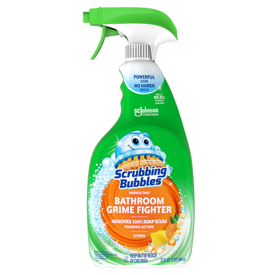 Front view of a green Scrubbing Bubbles Bathroom Grime Fighter spray bottle with citrus label and Scrubbing Bubbles logo