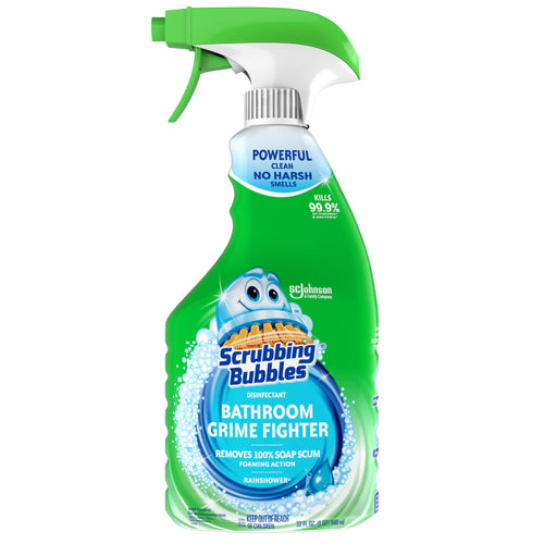 Green Scrubbing Bubbles Bathroom Grime Fighter disinfectant spray bottle with blue label and green trigger nozzle.