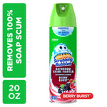 A single Scrubbing Bubbles Bathroom Grime Fighter aerosol can in green with berry burst label and product branding on white background.