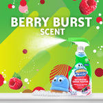 Colorful Berry Burst scent graphic showing Scrubbing Bubbles spray bottle, mascot scrub brush and raspberries