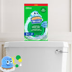 Product lifestyle-style image of a Scrubbing Bubbles Drop-Ins box shown on a toilet tank with mascot graphic