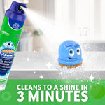 Scrubbing Bubbles can spraying foam toward a blue scrubber on a countertop with text claiming cleans to a shine in 3 minutes