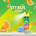 Bright citrus-themed graphic with Scrubbing Bubbles aerosol can, foam and citrus slices with 'CITRUS SCENT' text
