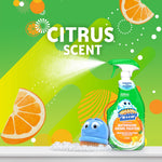 Bright citrus-themed graphic with Scrubbing Bubbles spray bottle, scrub brush, foam and text reading ‘CITRUS SCENT’