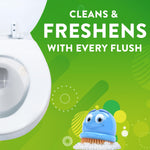 Illustrated toilet bowl and Scrubbing Bubbles character with text reading cleans & freshens with every flush on green background.