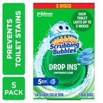 Front-facing Scrubbing Bubbles Drop-Ins box with green swirl artwork and stacked blue tablets
