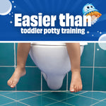 Graphic banner reading “Easier than toddler potty training” above image of a child’s feet dangling from a toilet with product mascot
