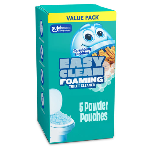 Teal Scrubbing Bubbles Easy Clean Foaming toilet cleaner value pack box showing mascot, toilet illustration and '5 Powder Pouches' text