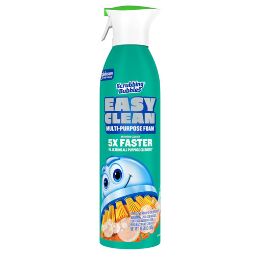 Isolated Scrubbing Bubbles Easy Clean multi-purpose foam can on white background showing product label and mascot.