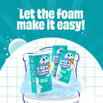 Promotional graphic showing Scrubbing Bubbles Easy Clean Foaming product box and pouches over a tiled background with foam