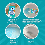 Four-step circular illustrations showing how to rip pouch, shake into toilet, let foam, then flush with product imagery